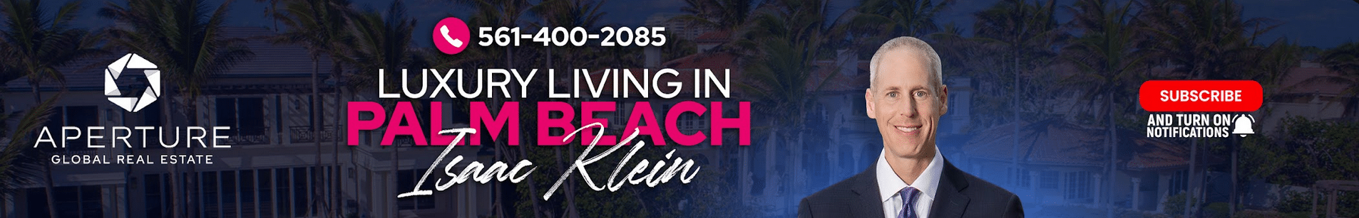 Luxury Living in Palm Beach | Real Estate Channel Banner Elegant banner image for a YouTube real estate channel showcasing Palm Beach luxury homes and coastal lifestyle.